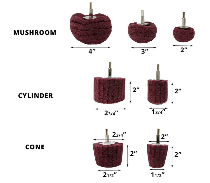 7pc Non-woven Abrasive Drill Buffers, Mounted on 1/4 inch Shank - Red - Fine