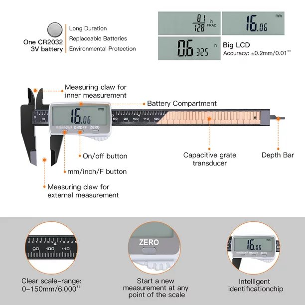 Herramienta de medición de precisión de calibrador digital de 6 pulgadas con pantalla LCD Vernier electrónico de 150 mm