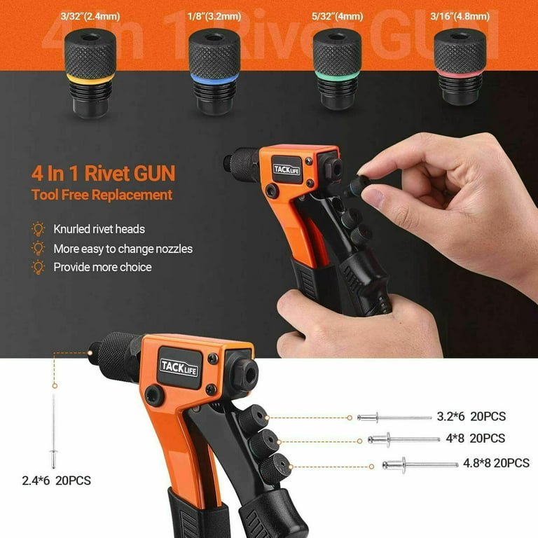 Rivet Gun Kit with 80 Rivets, 4 In 1 Hand Riveter, 4 Tool-Free Interchangeable Heads