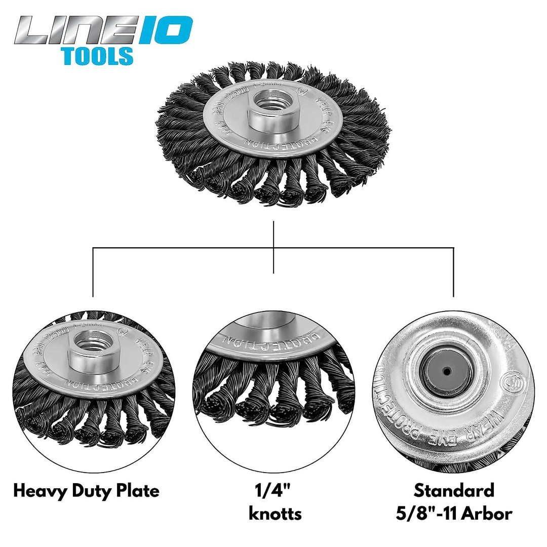 LINE10 Tools 4pk 4-Inch Knotted Circular Wire Wheel Brush for Angle Grinder, 1/4-inch Thick, for Heavy Duty Rust Cleaning Stripping