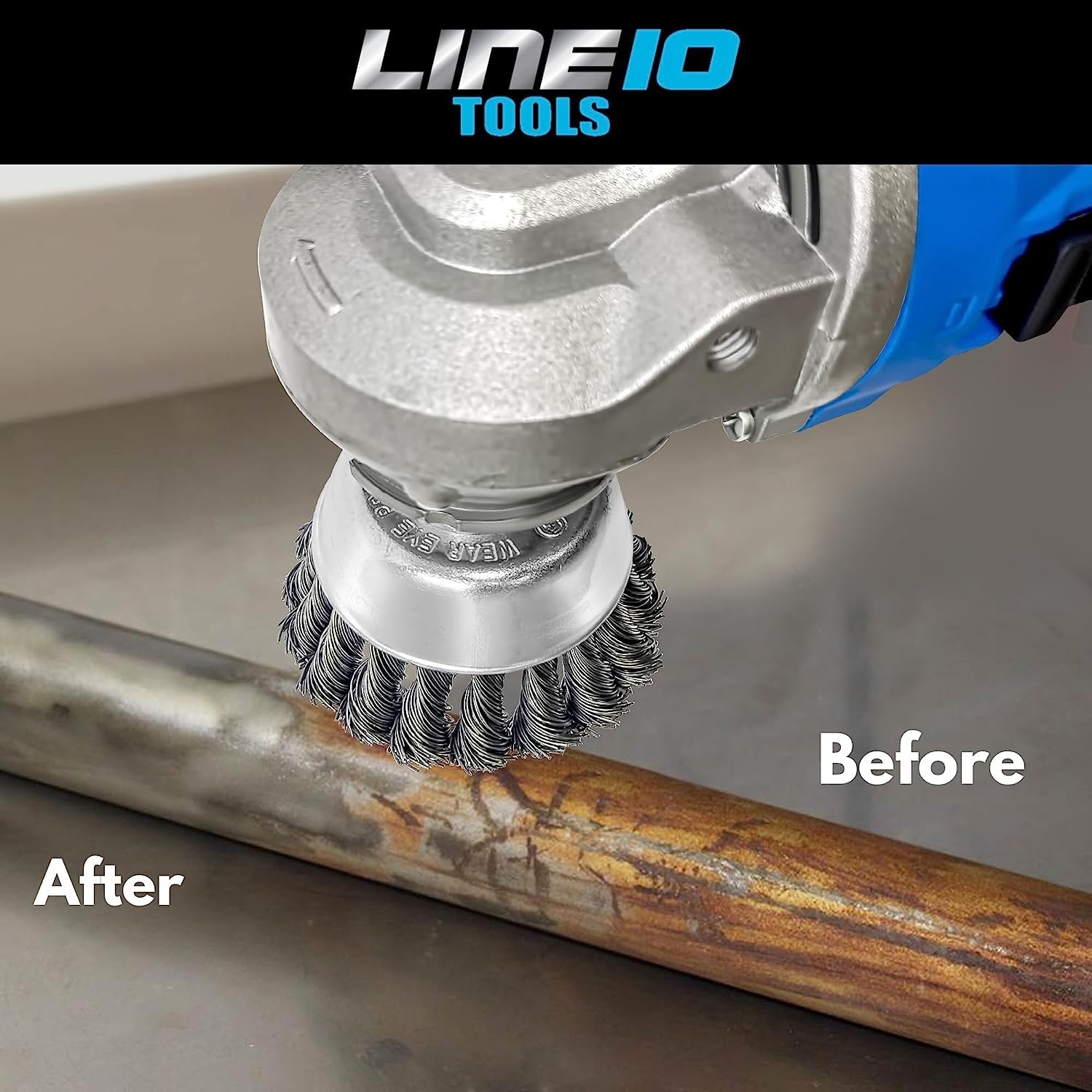 LINE10 Tools - Juego de 4 cepillos de copa de alambre anudado de 3 pulgadas para amoladora angular para limpieza de óxido de alta resistencia