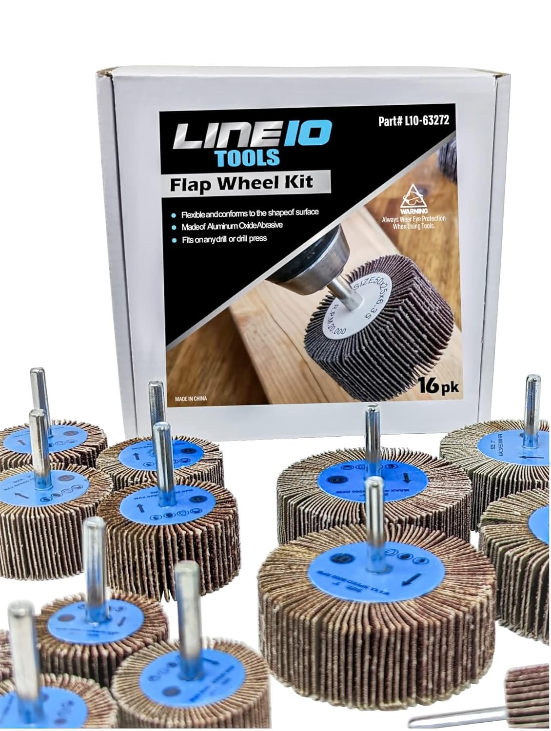 LINE10 Tools 16pk Flap Sanding Wheels Kit fits Drill and Die Grinder for Wood and Metal