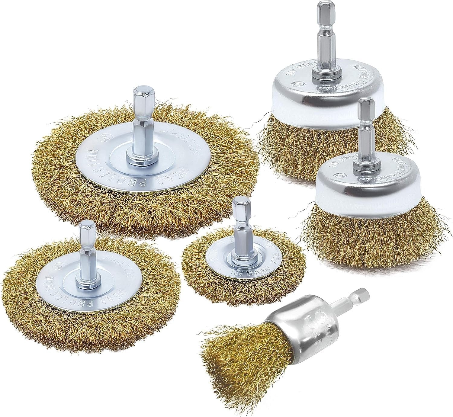 6pc Wire Brush Kit for Drill, Brass-Coated Metal Wire