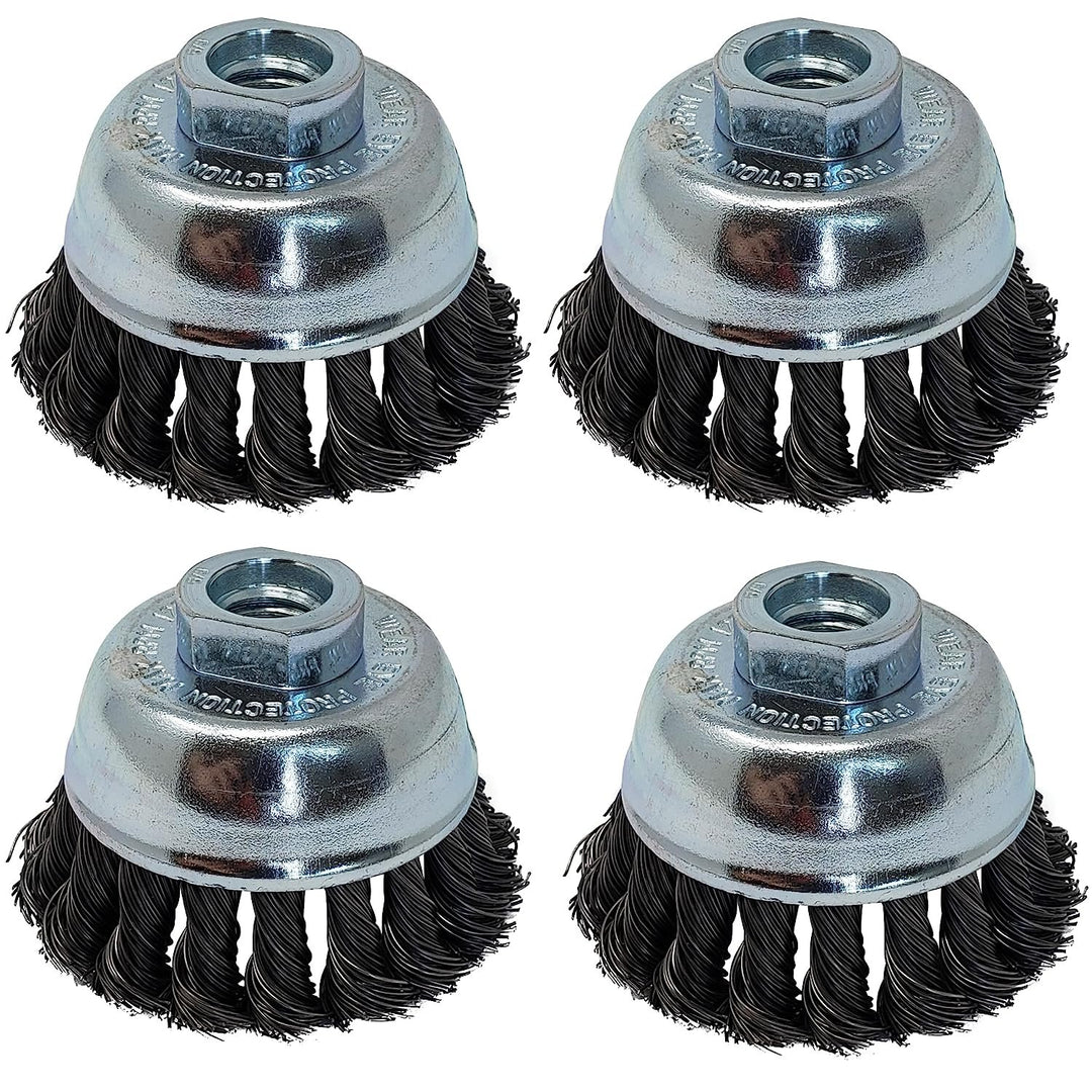 LINE10 Tools 4pk 3-Inch Knotted Wire Cup Brush for Angle Grinder for Heavy Duty Rust Cleaning Stripping