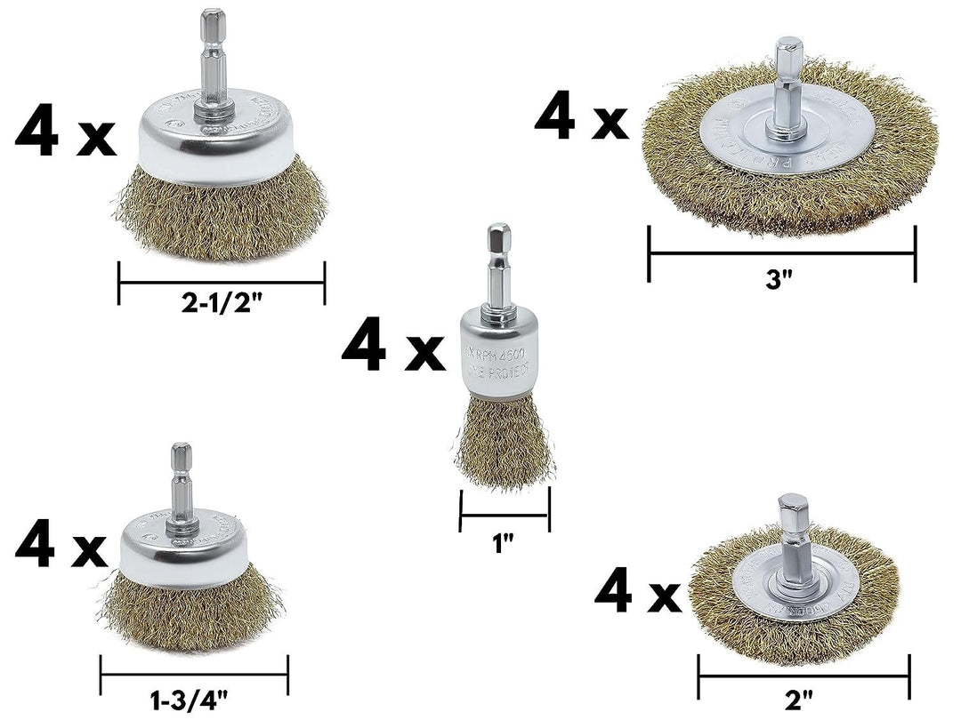 LINE10 Tools 20pk Wire Brush Drill Attachment Set Brass Coated for Cleaning Rust 1/4" Hex Shank Fits Impact Driver